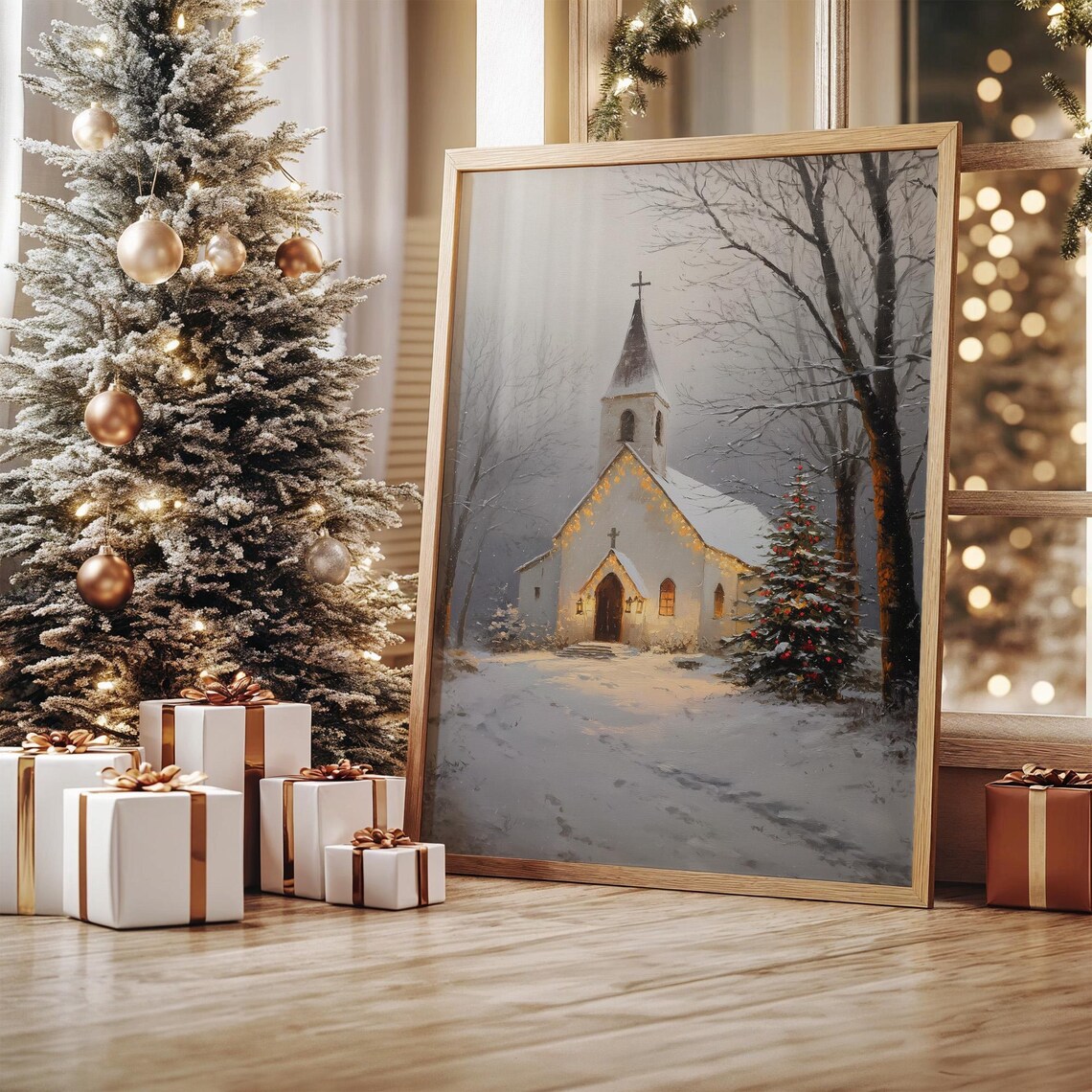 Snowy Church With Christmas Tree, Winter Art Print