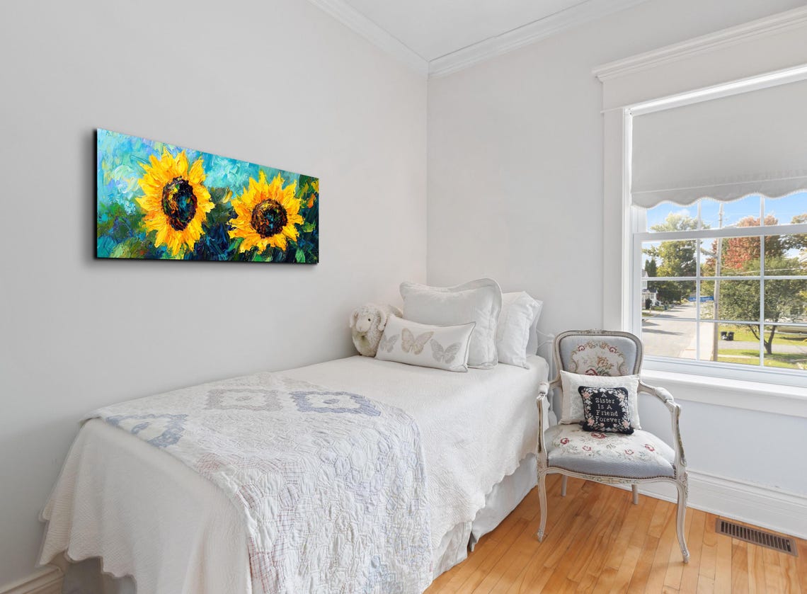 Sunflower Pair Teal Background Palette Knife Panoramic Art Poster - Image 3