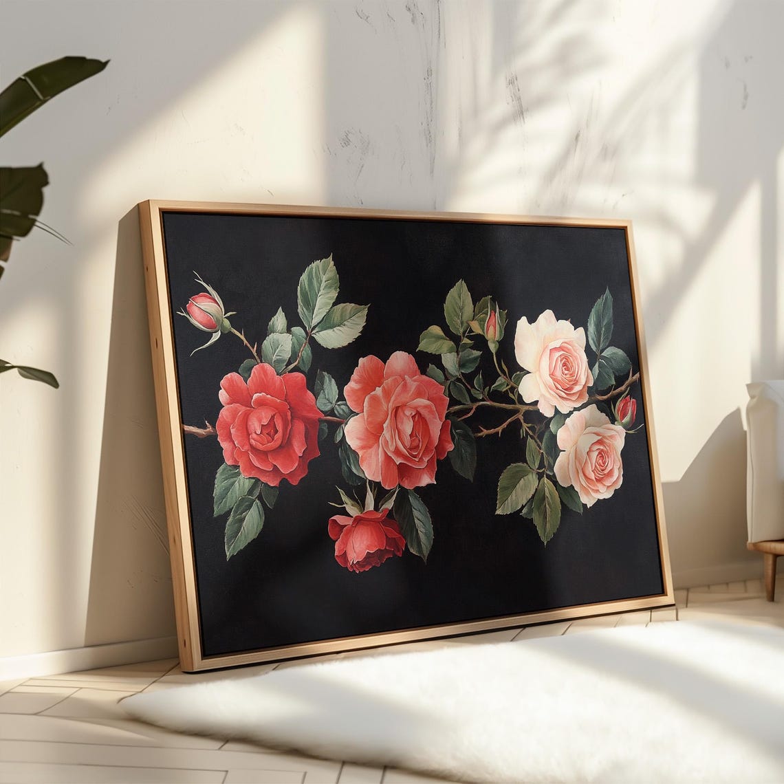 Red Pink Roses Black Background Dramatic Floral Still Life Poster - Image 3
