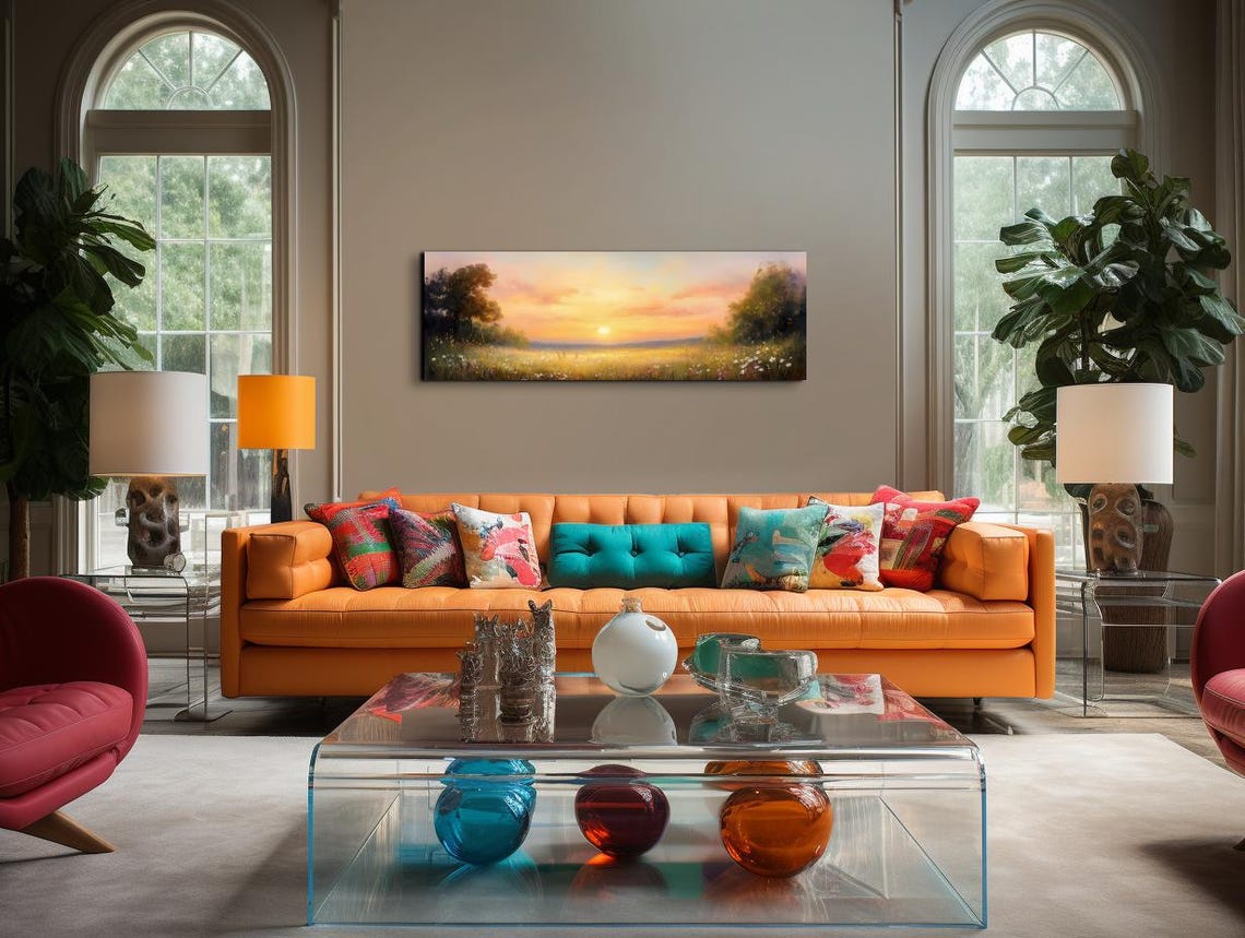 Wildflower Meadow at Golden Sunset Oil Painting Panoramic Poster - Image 6