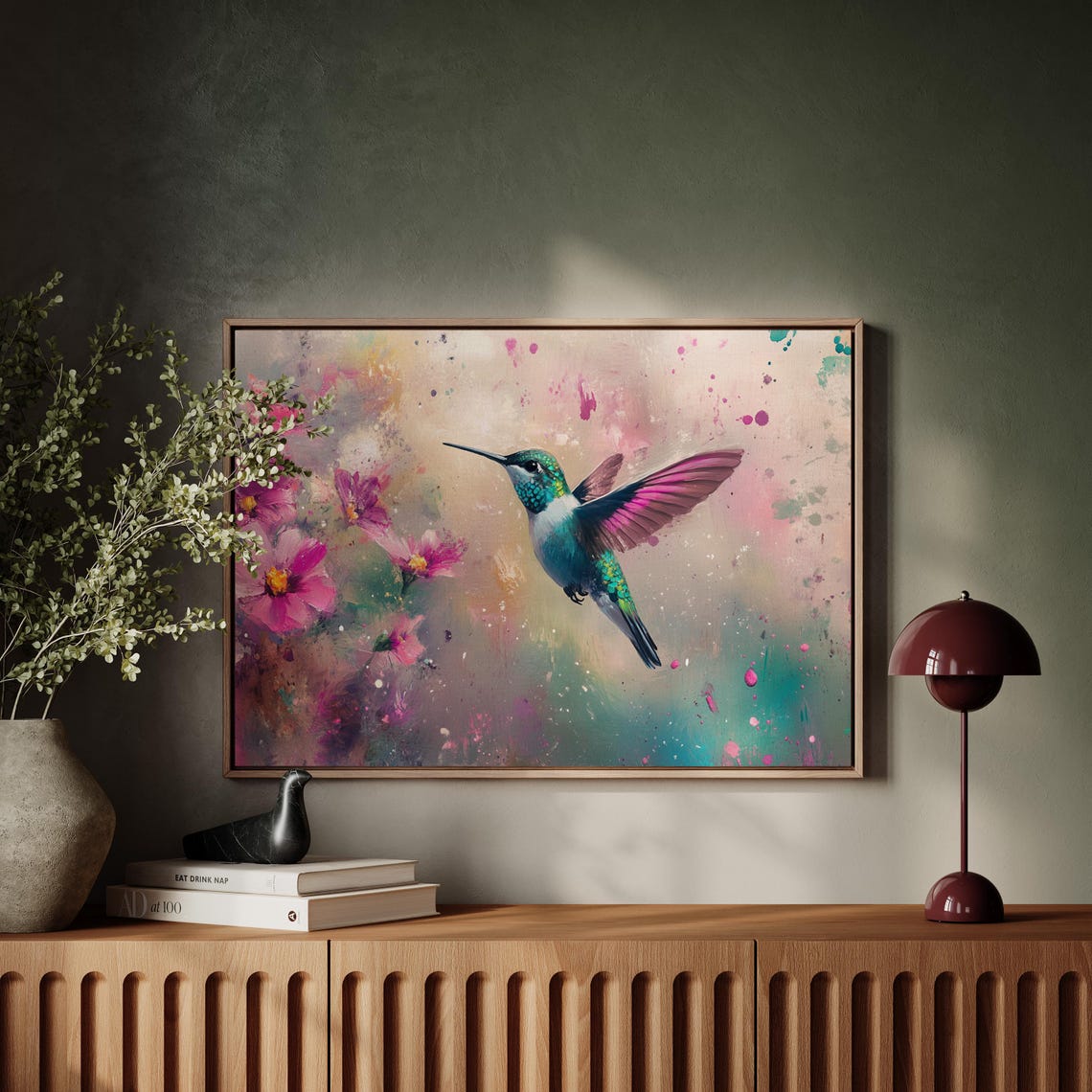 Vibrant Hummingbird Pink Flowers Abstract Nature Flying Bird Poster - Image 4