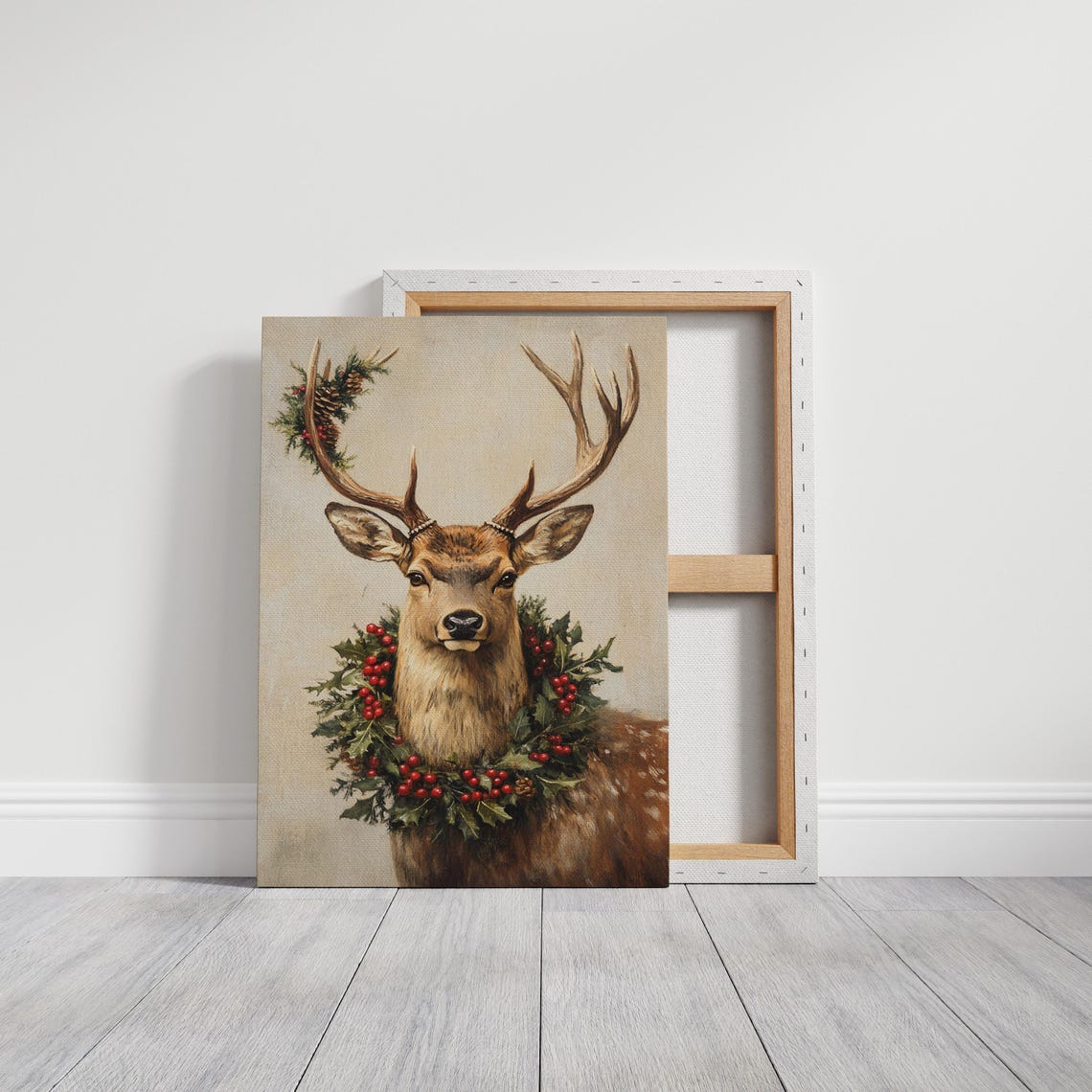 Christmas Stag With Holly Berry Wreath Vintage Holiday Art Poster - Image 3