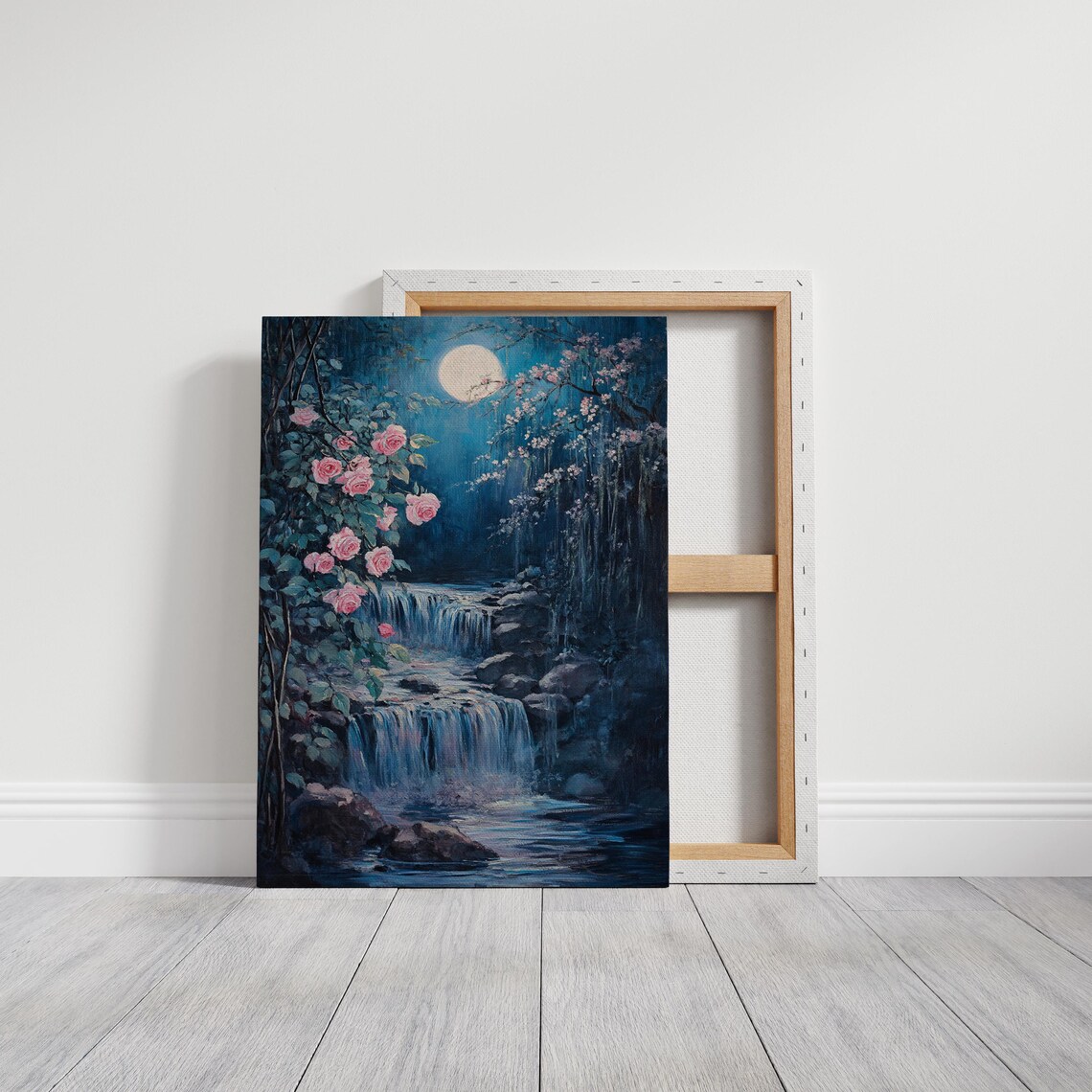 Moonlit Waterfall, Romantic Floral Night Scene - Image 3