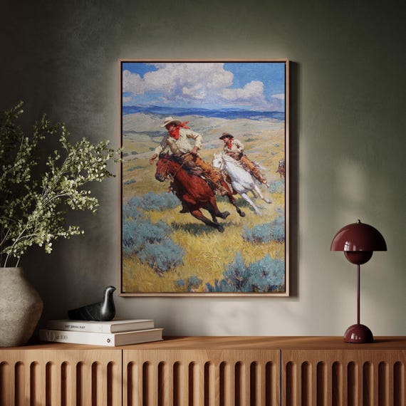 Racing Cowboys On Horseback Western Oil Painting Canvas Wall Art Bold Rustic Landscape For Ranch Country Or Southwestern Decor