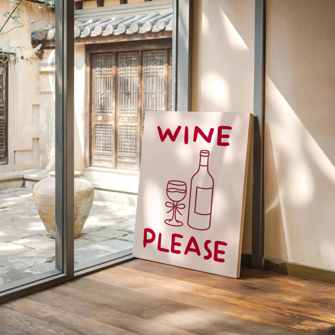 Wine Please Poster With Red Line Drawing Of Bottle And Glass Bar Decor