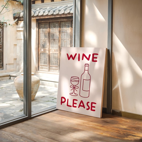 Wine Please Poster With Red Line Drawing Of Bottle And Glass Bar Decor