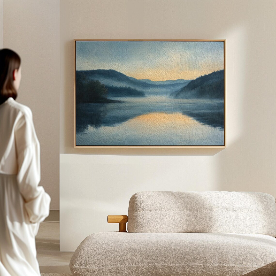 Misty Lake Sunrise Art Blue And Yellow Mountain Landscape Wall Decor - Image 6
