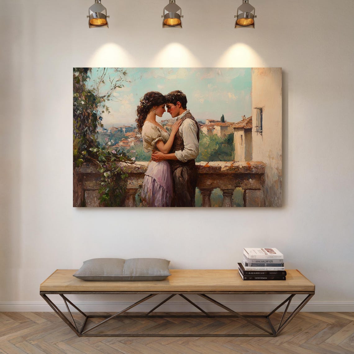 Young Couple Embracing On Balcony Overlooking Italian Town Wall Art - Image 5