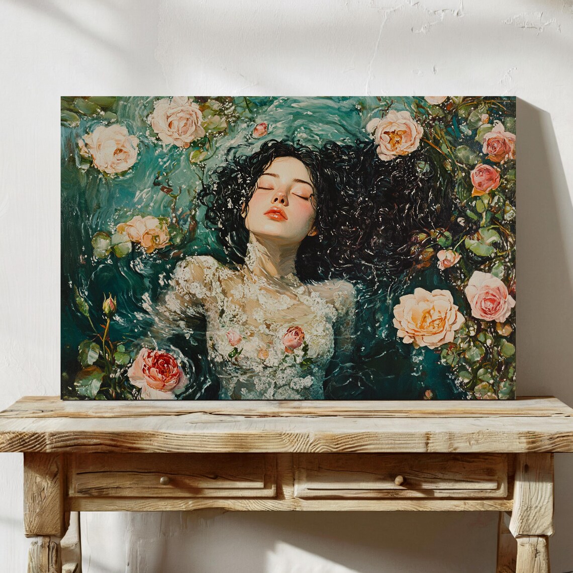 Woman Floating Among Roses Ethereal Dark Floral Water Painting Print - Image 7
