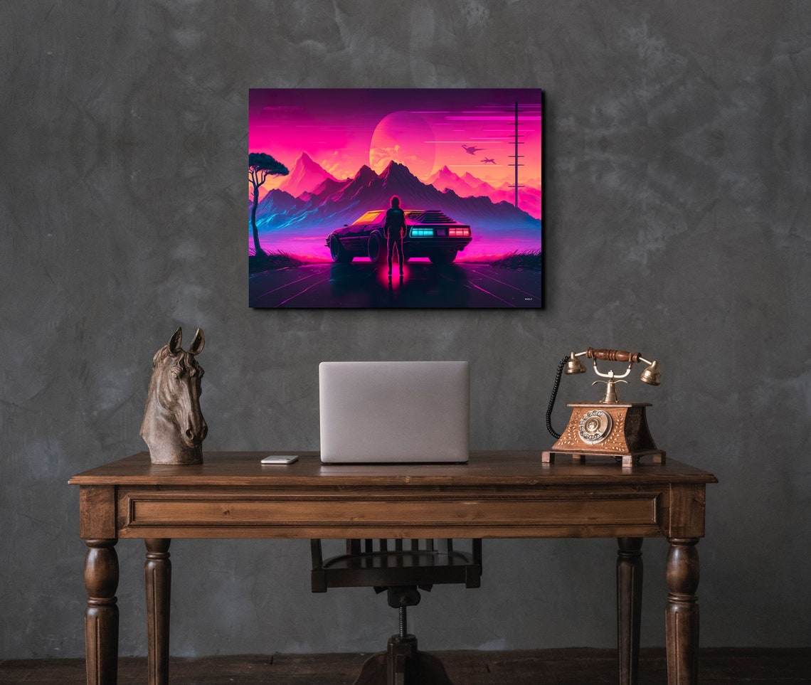 Retro Synthwave Sunset Drive Neon Mountains Giant Moon Poster - Image 7