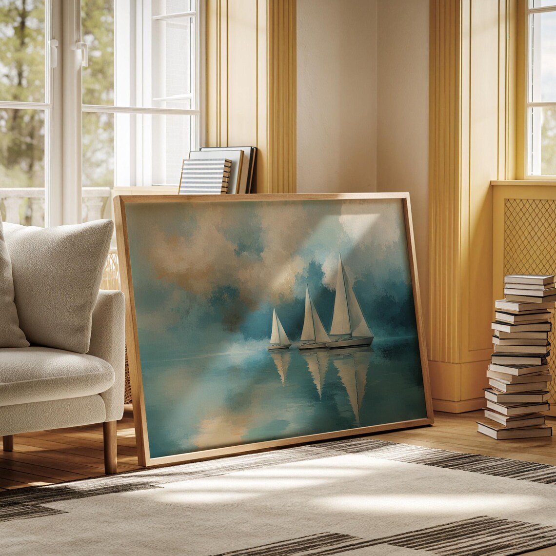 Three White Sailboats On Calm Teal Water Seascape Painting Poster - Image 5