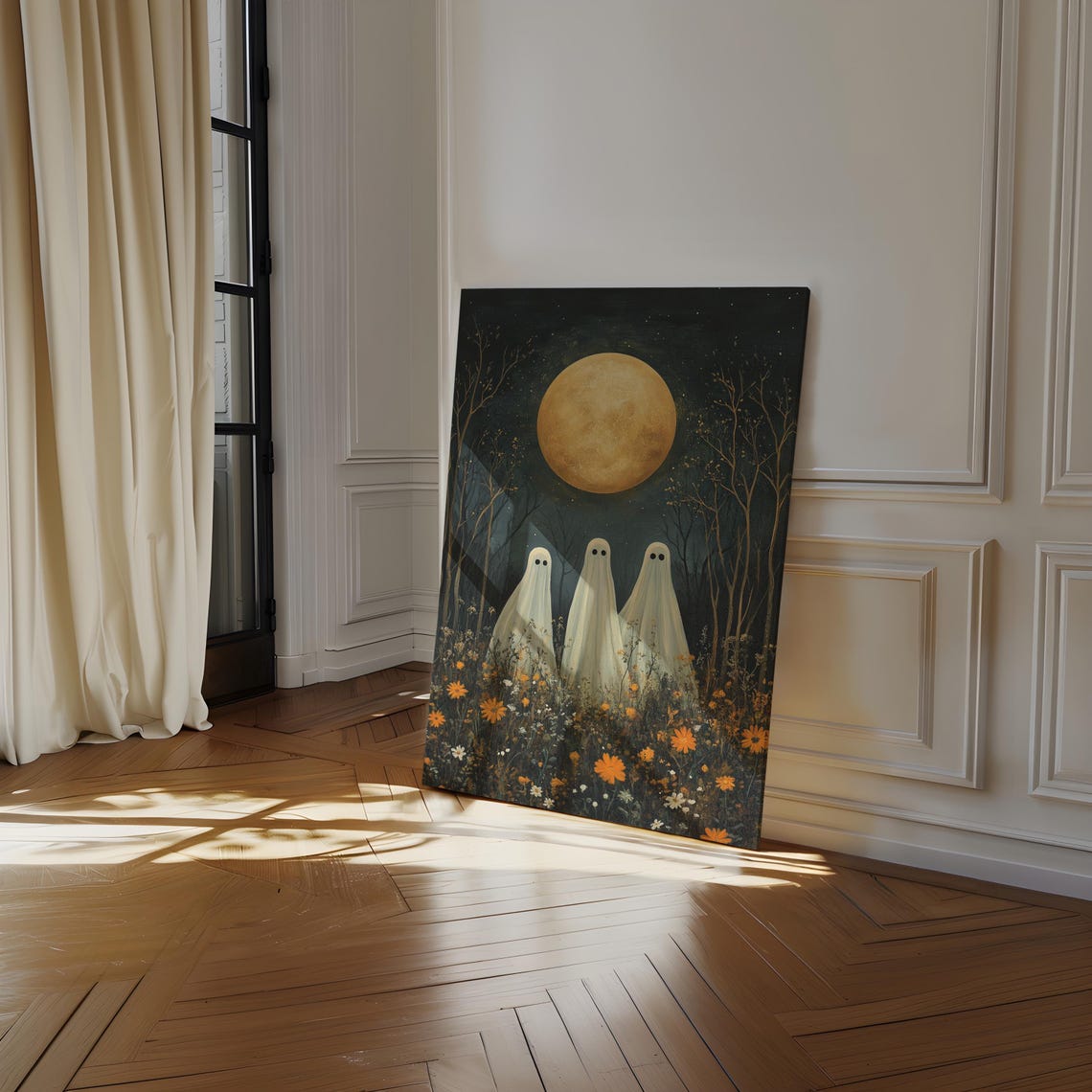 Three White Ghosts Under Full Golden Moon Wildflower Night Wall Art - Image 4
