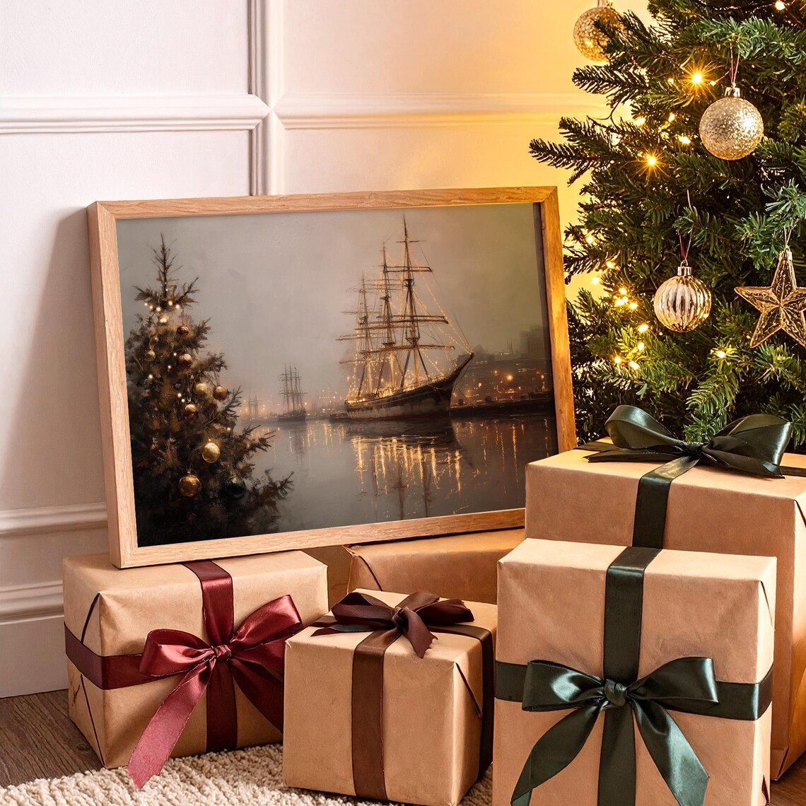 Christmas Ship With Harbor Lights Art Print