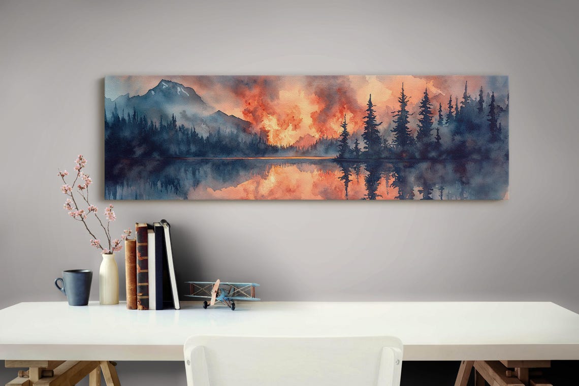 Mountain Forest Fire Reflection Dramatic Landscape Wall Art With Fiery Sunset Over Misty Trees And Mountain Peaks - Image 3
