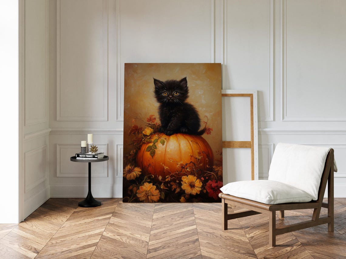Black Kitten On Pumpkin Autumn Flowers Cute Fall Halloween Cat Poster - Image 3