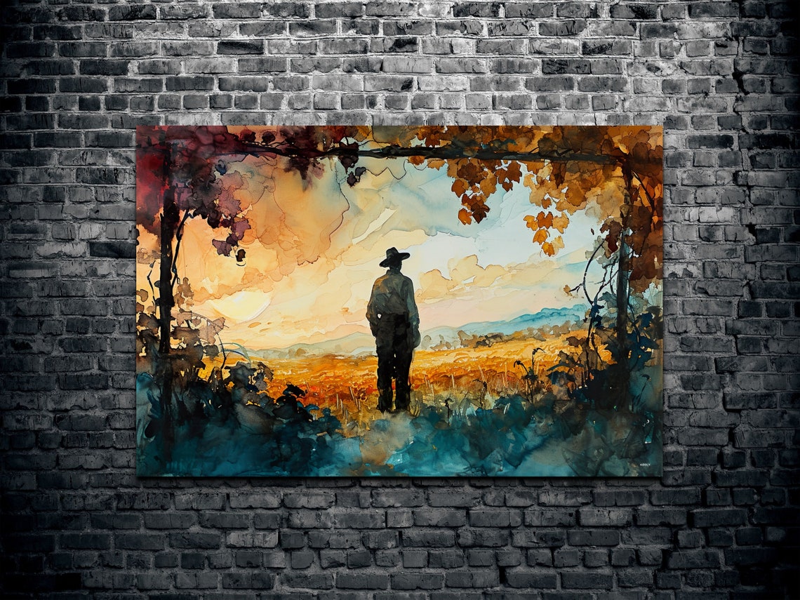 Tuscan Vineyard Sunset Watercolor Lone Figure Landscape Wall Art - Image 2