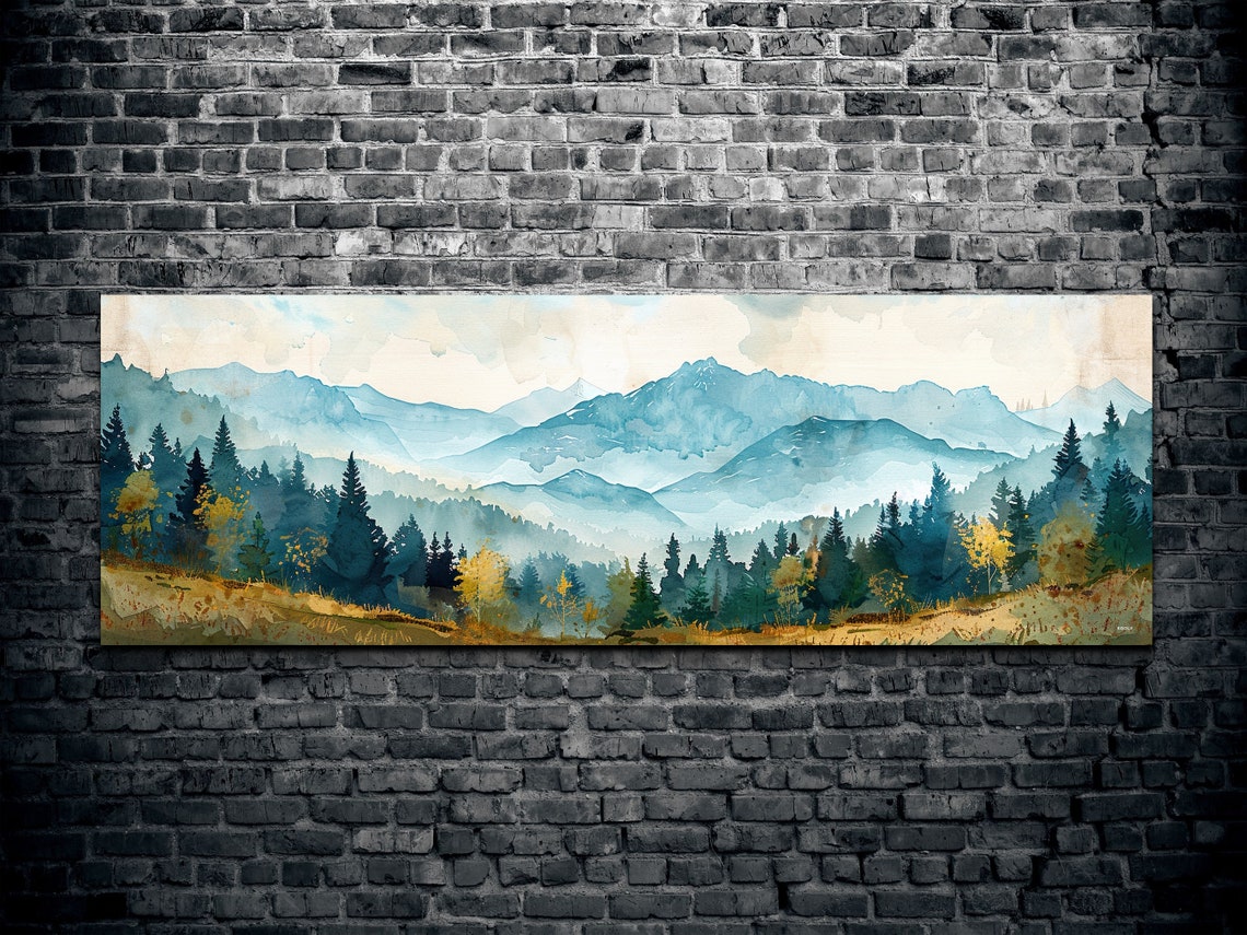 Watercolor Pine Forest Misty Mountain Panorama Rustic Landscape Poster - Image 2