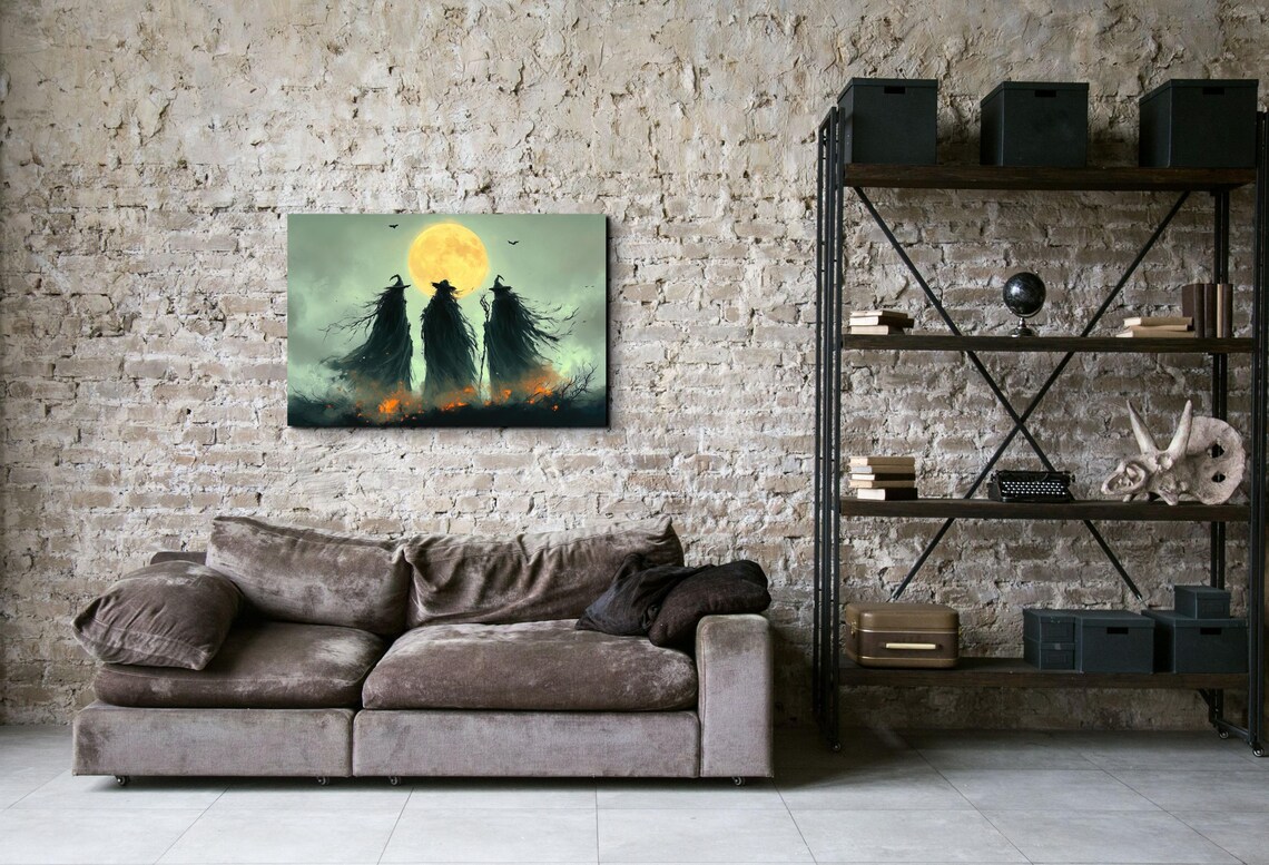 Three Witches Silhouetted Against a Giant Full Moon With Bats and Embers Poster - Image 7