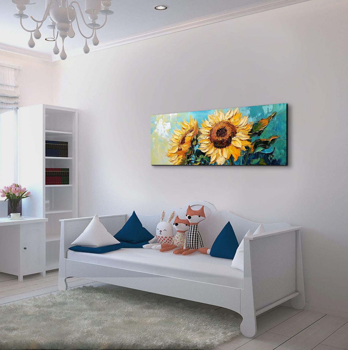 Two Large Sunflowers Golden Teal Impasto Panoramic Art Poster - Image 5