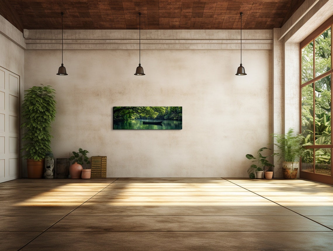 Lone Wooden Canoe On Calm Green River Under Overhanging Trees Poster - Image 7