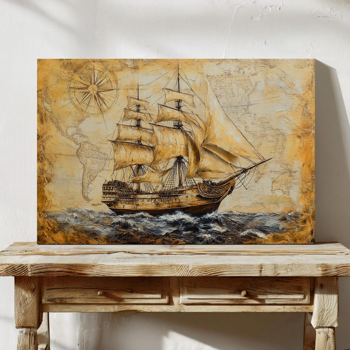 Old Tall Sailing Ship Aged Map Compass Nautical Adventure Poster - Image 4