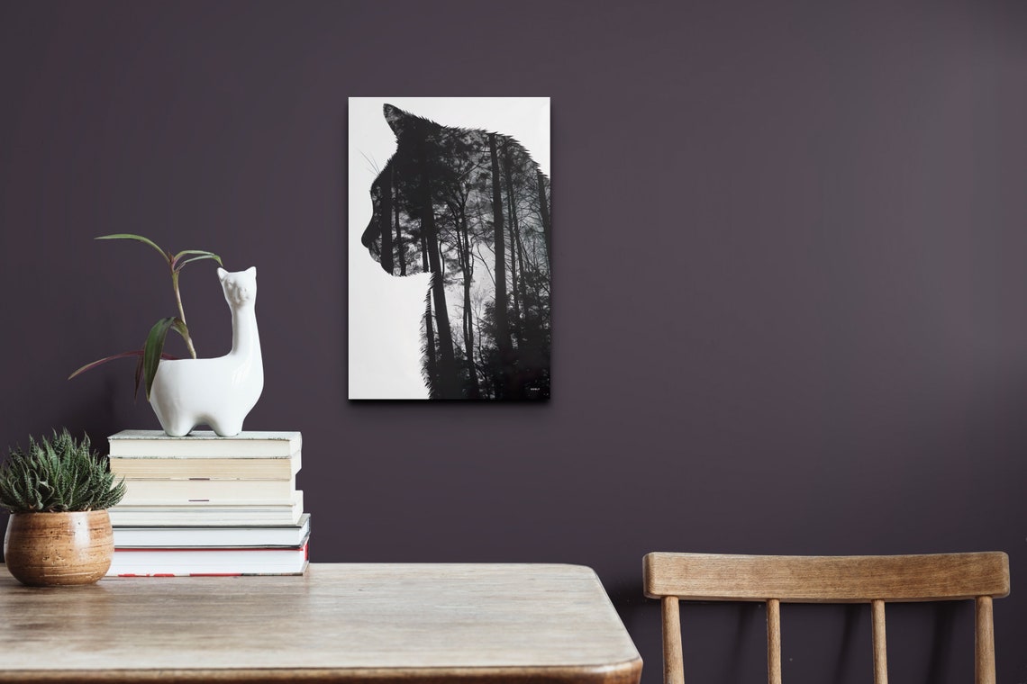 Double Exposure Cat Silhouette Forest Trees Monochrome Poster - Image 4