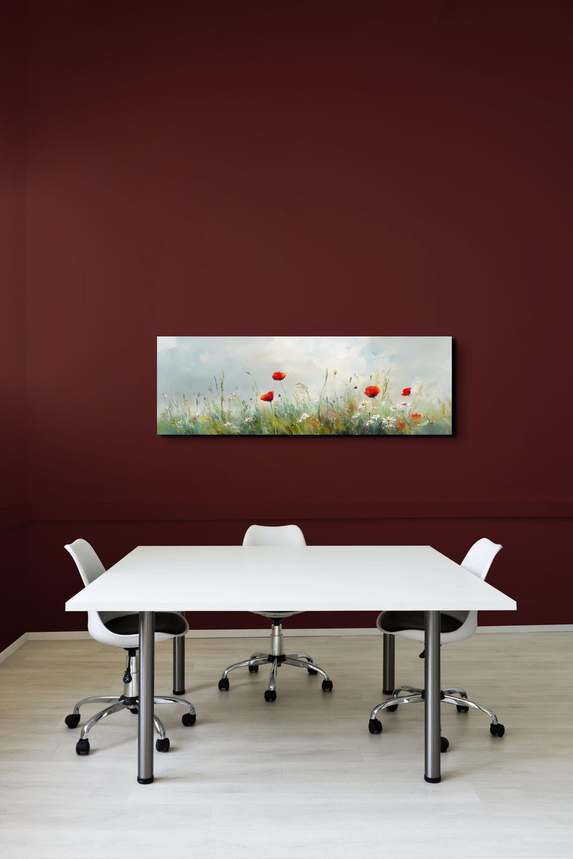 Red Poppies White Daisies Wild Meadow Soft Sky Panoramic Art Poster - Image 4