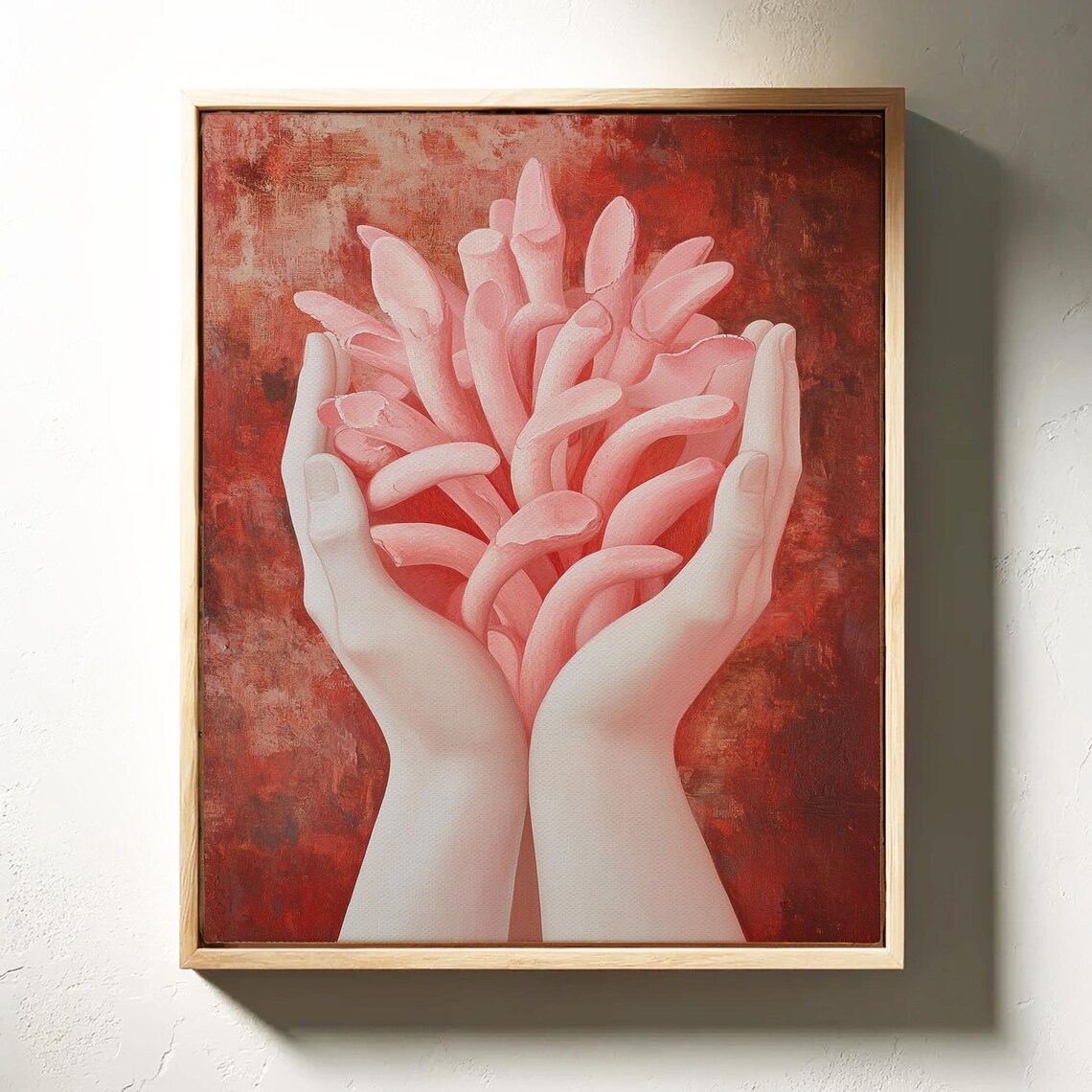 Hands Holding Coral Sculpture Surreal Abstract Pink Wall Art