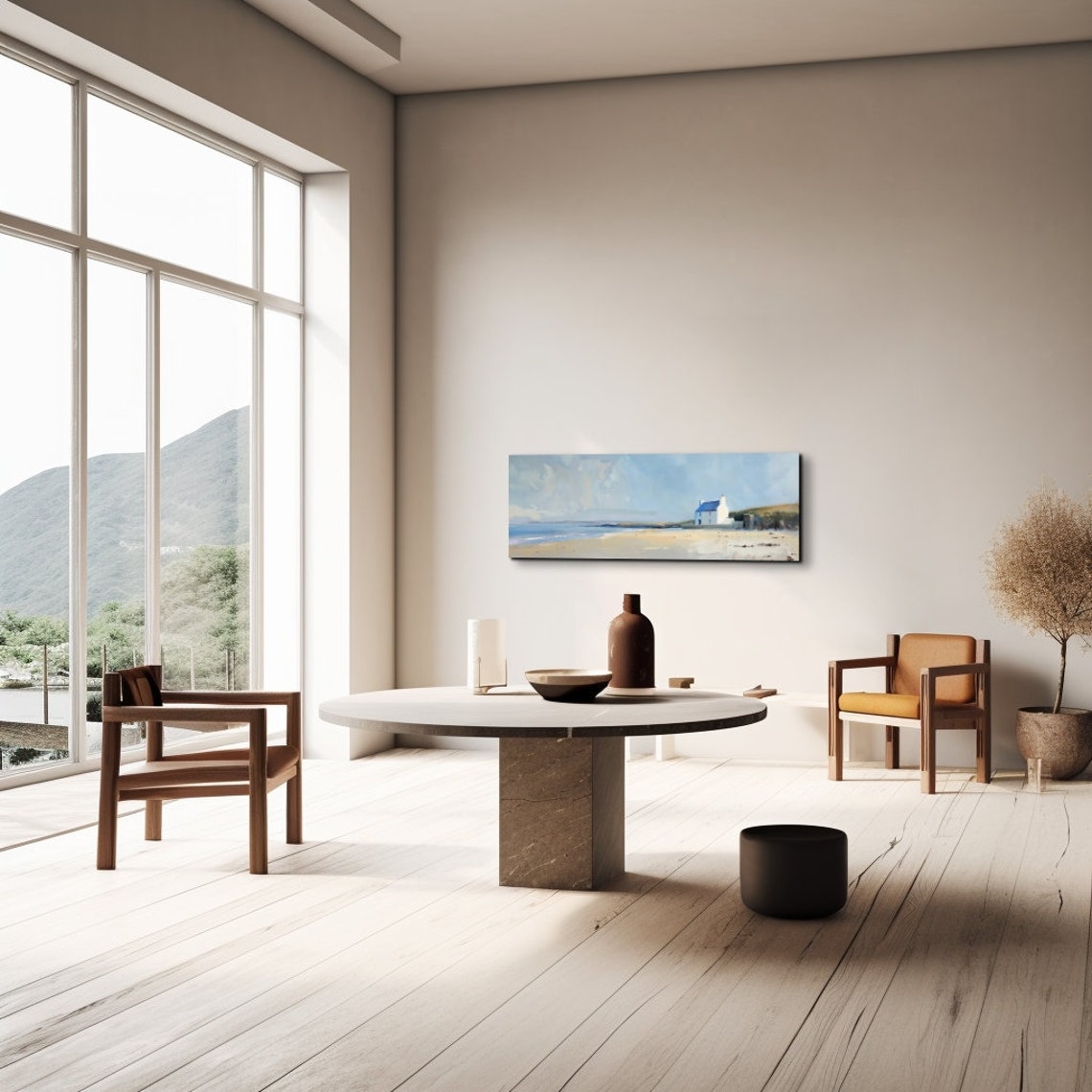 Coastal Beach House Sandy Shore Oil Painting Panoramic Art Poster - Image 7