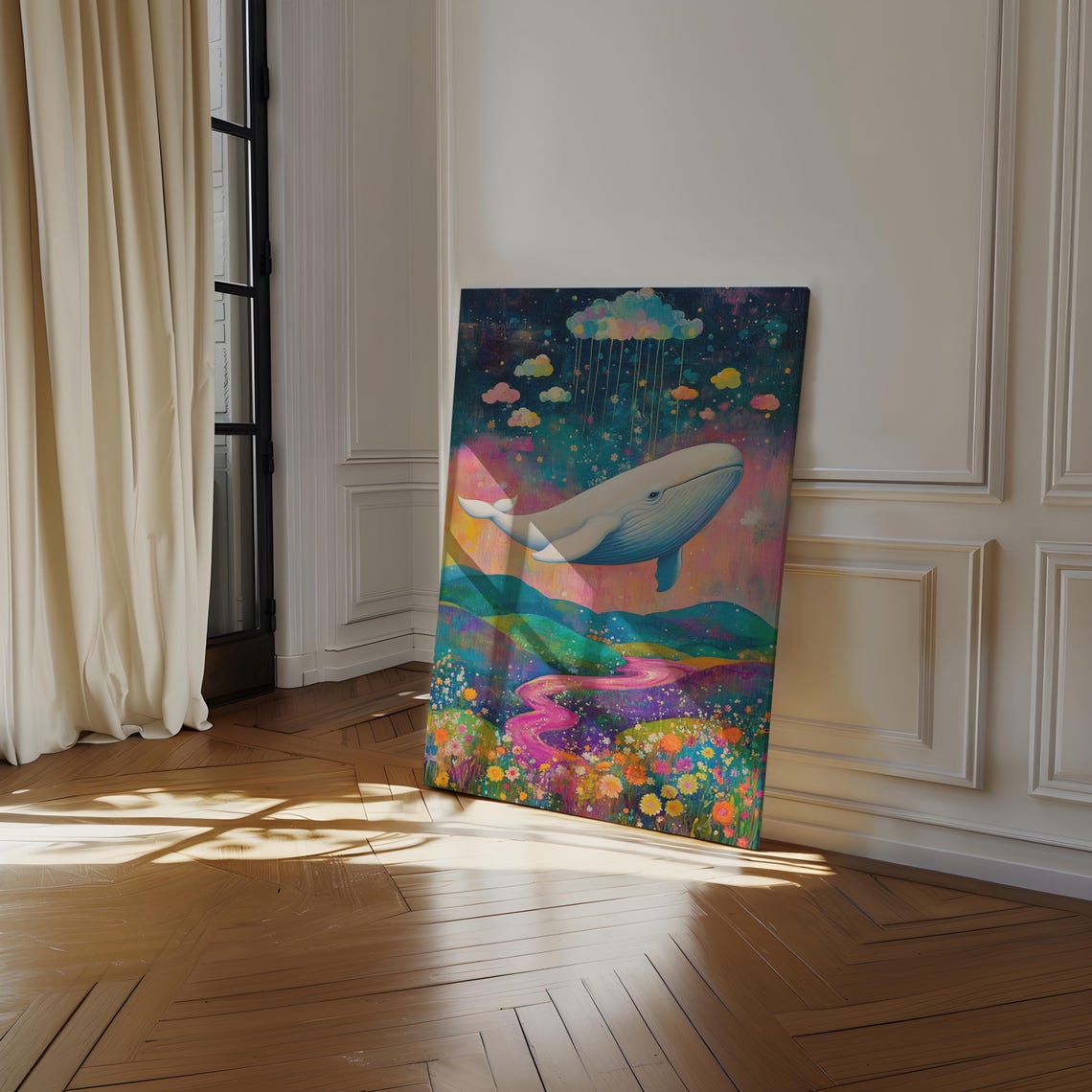 Enchanting White Whale Above Pink Winding River Meadow Poster - Image 5