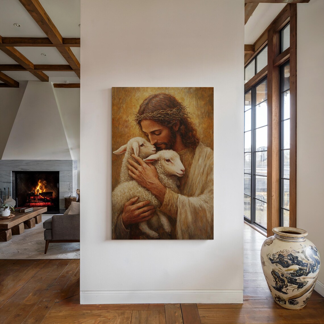 Jesus Holding Two Lambs Crown of Thorns Tender Embrace Poster - Image 5