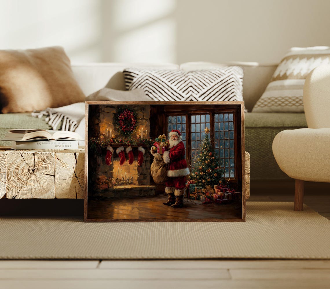 Santa by Fireplace With Stockings Christmas Tree Night Art Poster