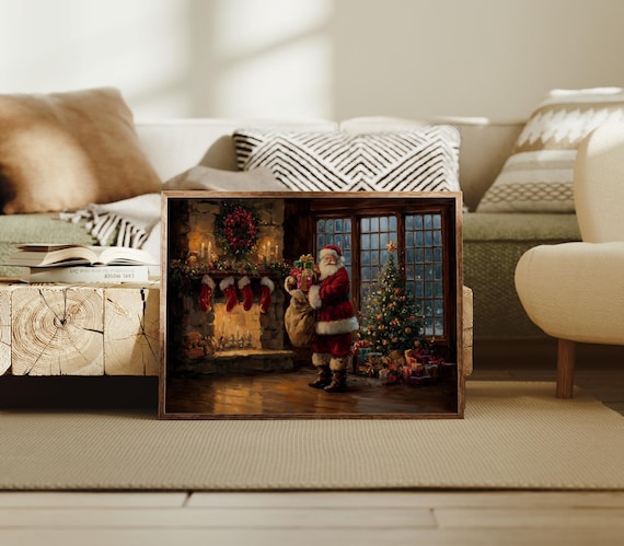 Santa by Fireplace With Stockings Christmas Tree Night Art Poster