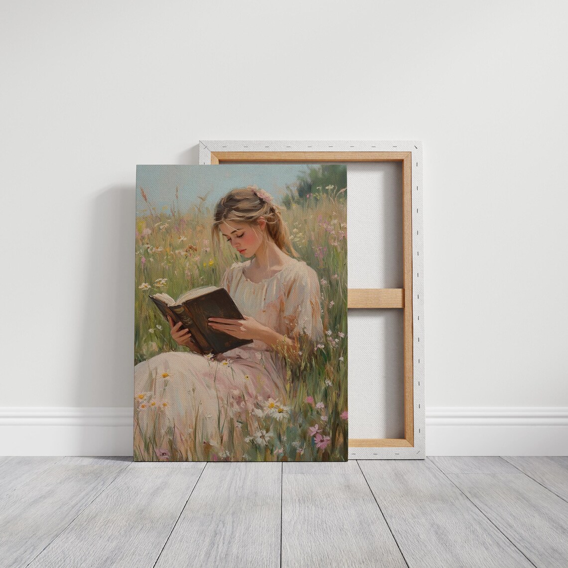 Blonde Woman Reading Book in Sunny Meadow Floral Cottagecore Poster - Image 3
