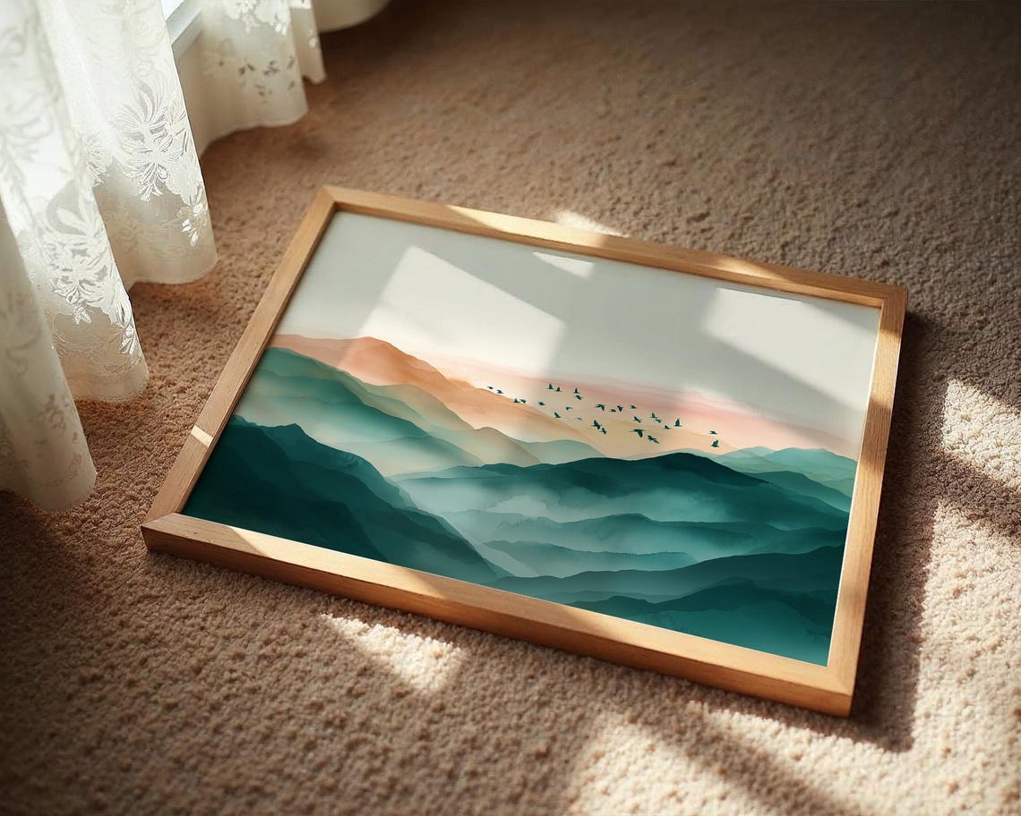 Misty Emerald Peaks Birds Soft Sunrise Minimalist Mountain Poster