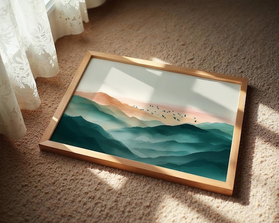 Misty Emerald Peaks Birds Soft Sunrise Minimalist Mountain Poster