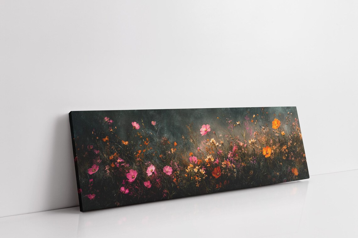 Moody Dark Wildflower Field Pink Cosmos Orange Poppies Vintage Poster - Image 7