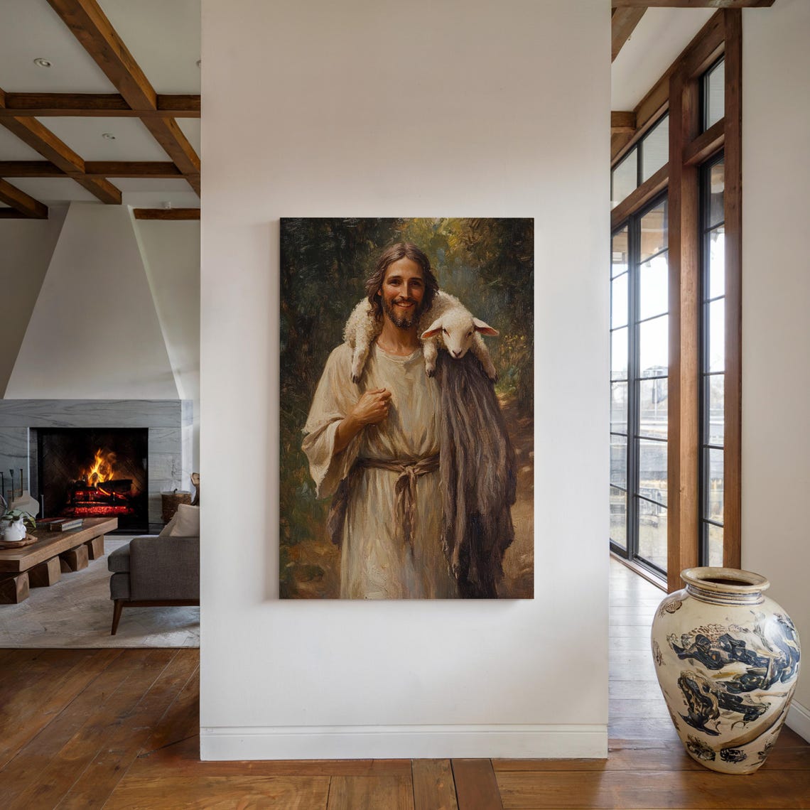 Joyful Jesus The Good Shepherd Smiling With Lamb Christian Poster - Image 5
