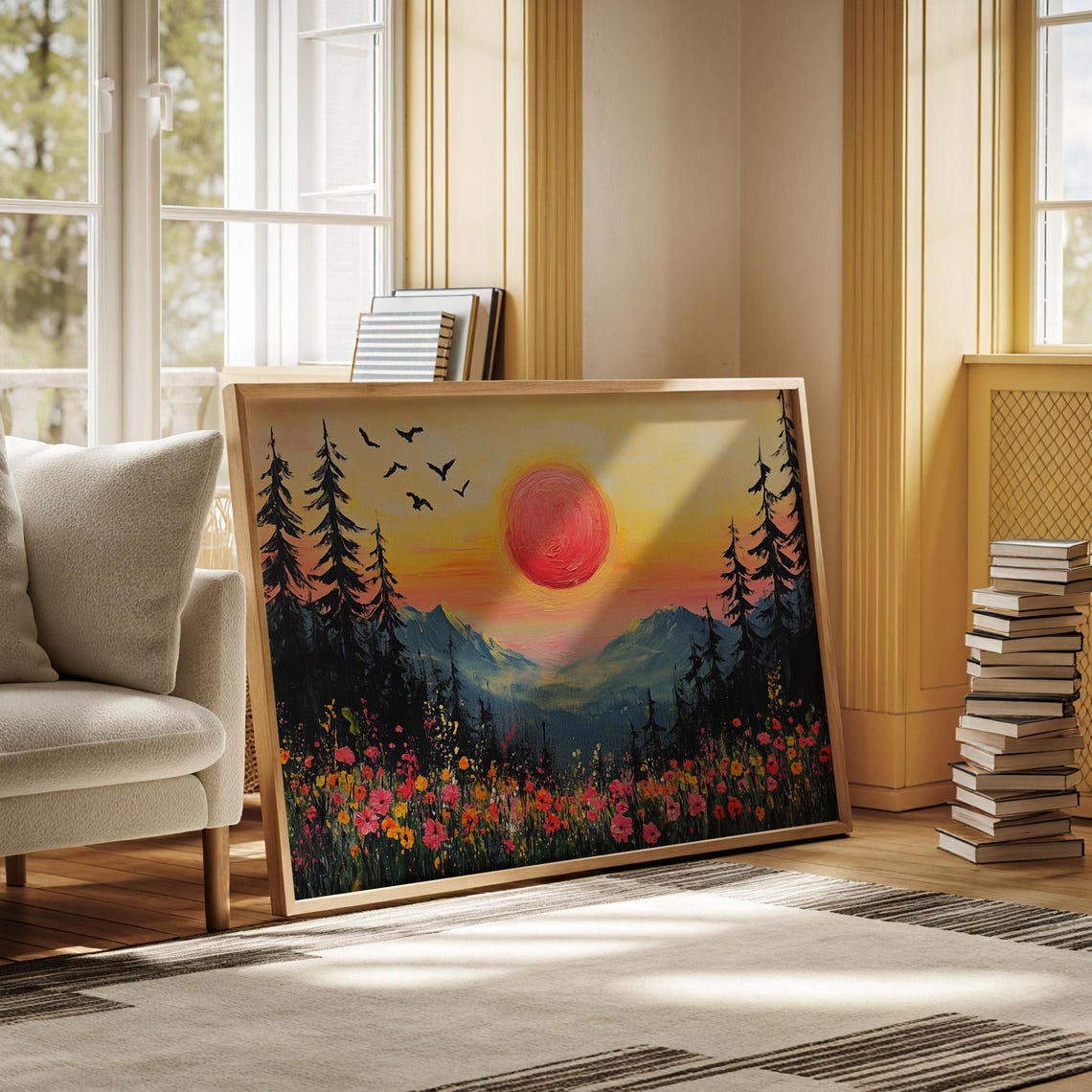Golden Sunset Over Mountain Meadow With Wildflowers And Birds Poster - Image 3