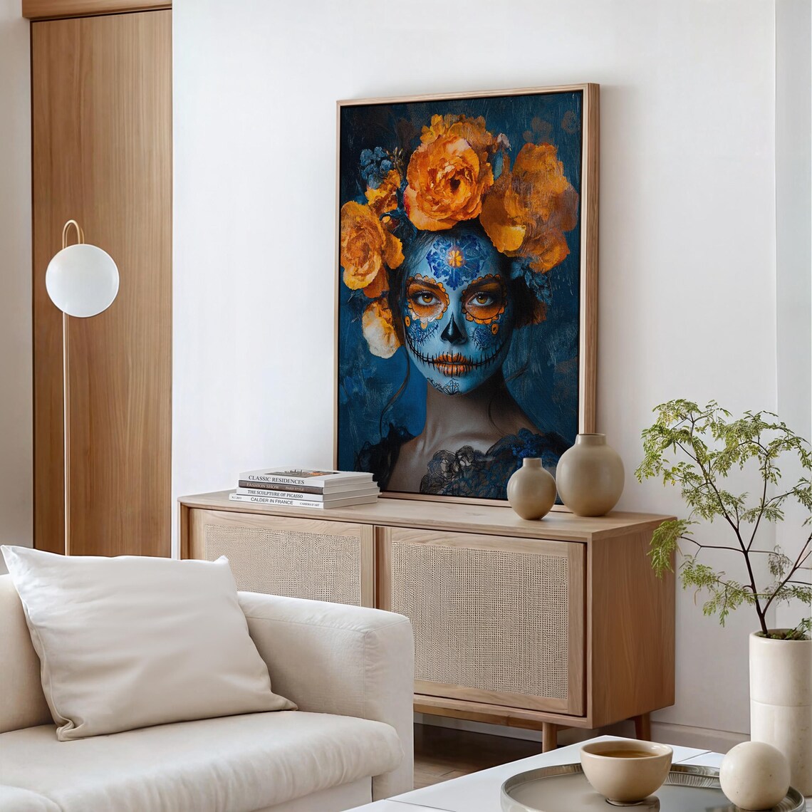 Blue Sugar Skull Orange Flowers Day Of The Dead Bold Portrait Poster - Image 5