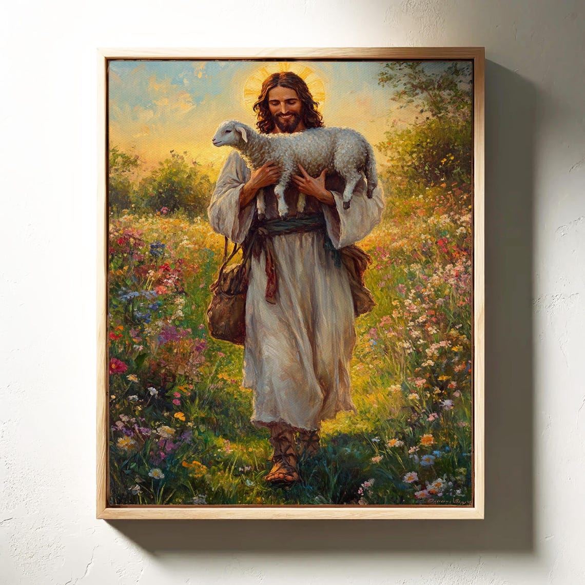 Jesus Carrying Sheep Over Shoulder Sunset Wildflower Field Art Print - Image 3
