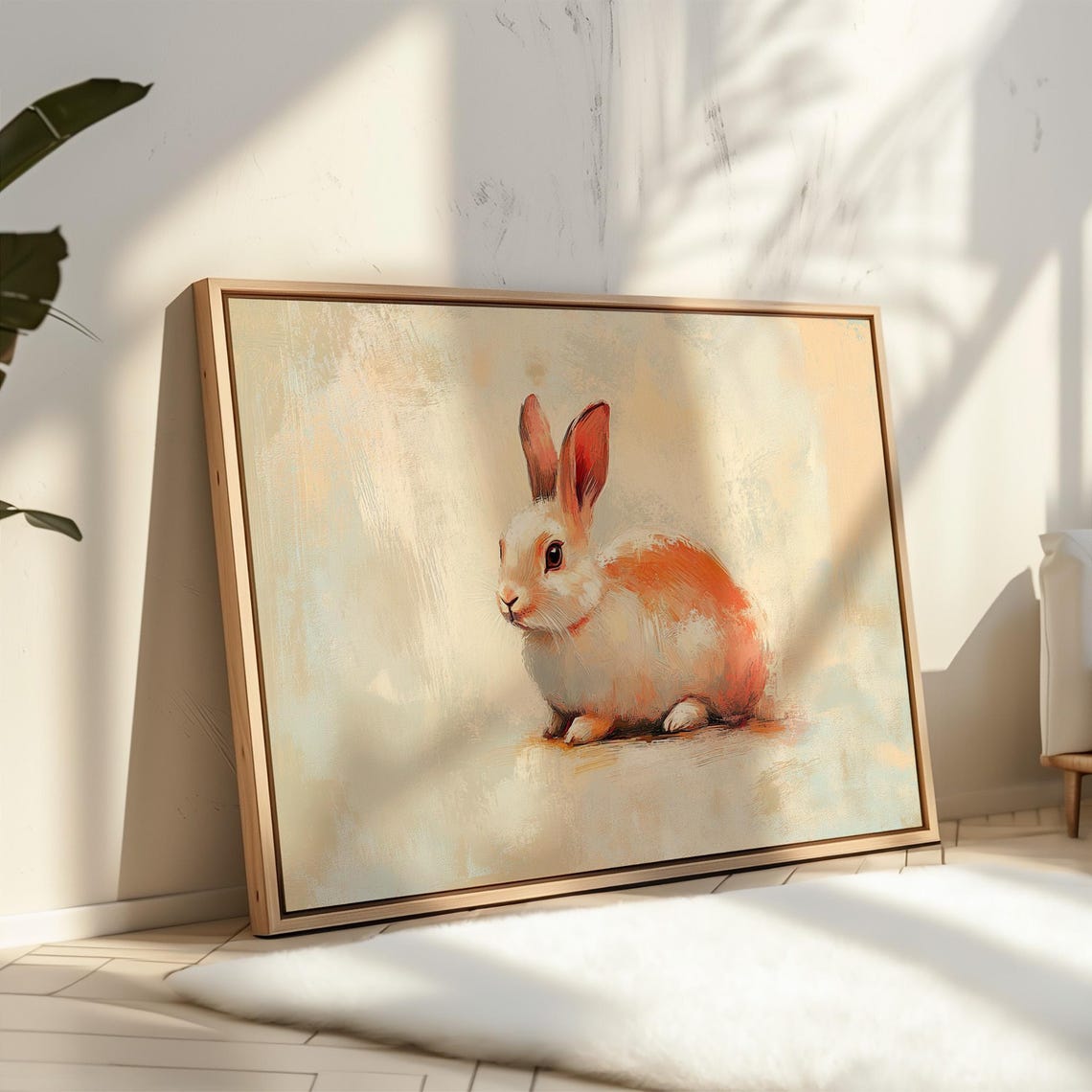 White Bunny with Soft Orange Tones in Pastel Painting Poster - Image 2