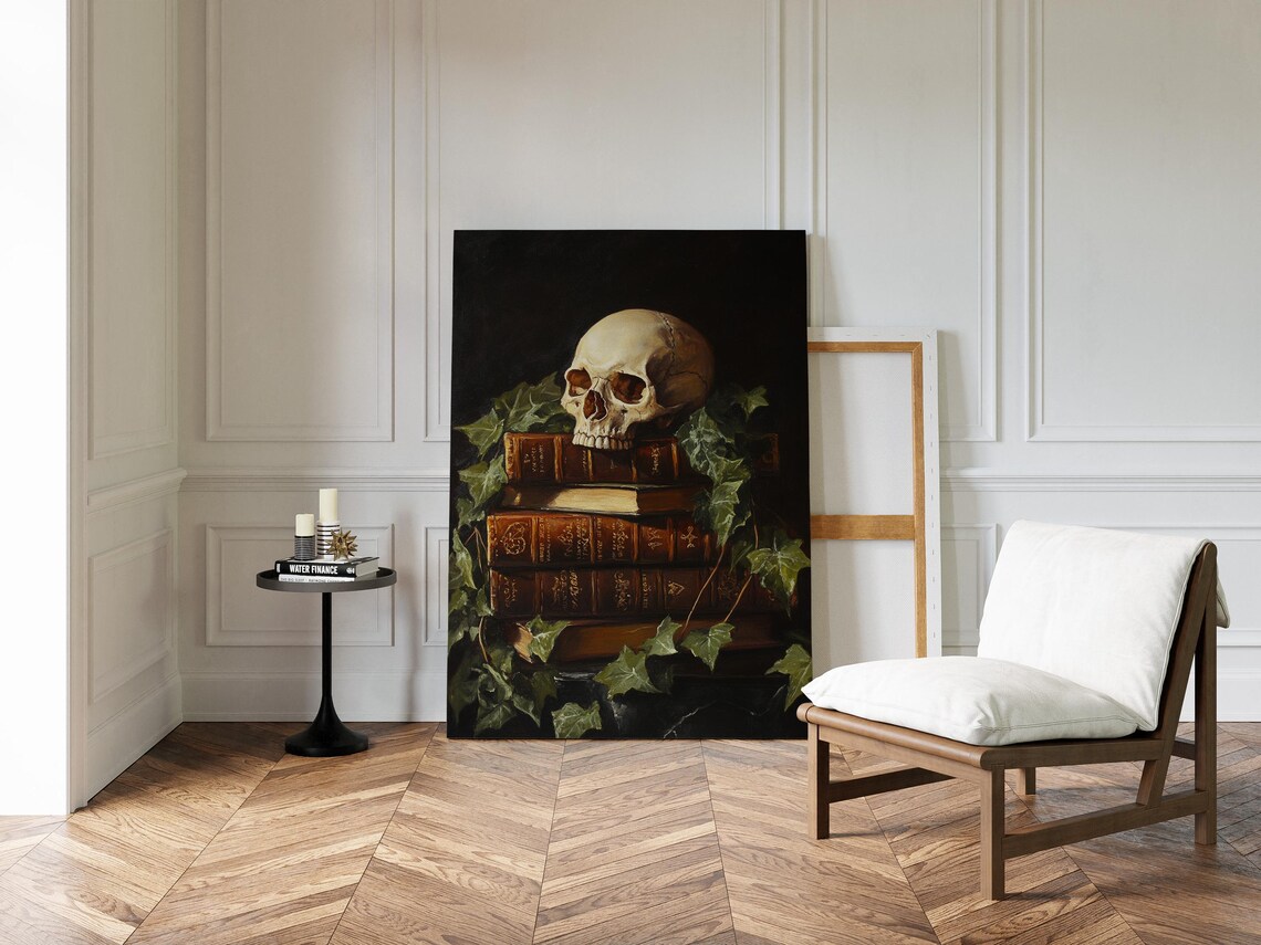 Classic Skull Still Life On Stack Of Antique Books With Dark Ivy Poster - Image 2