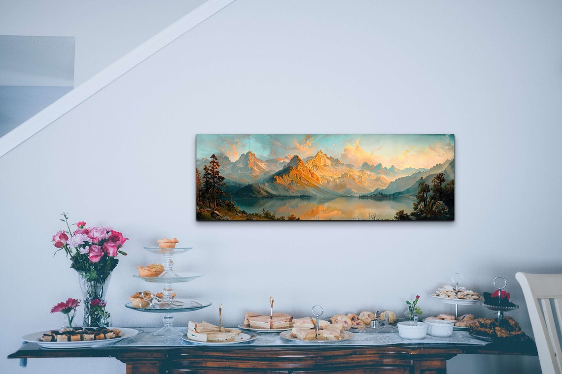 Golden Mountain Range Lake Reflection Sunrise Vintage Landscape Print - Image 3
