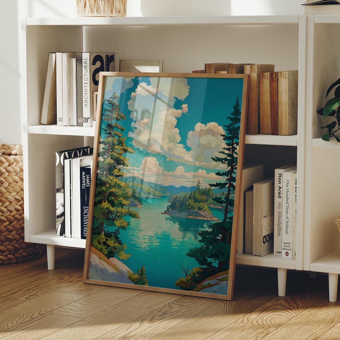 Turquoise Mountain Lake With Pine Trees and Summer Clouds Poster