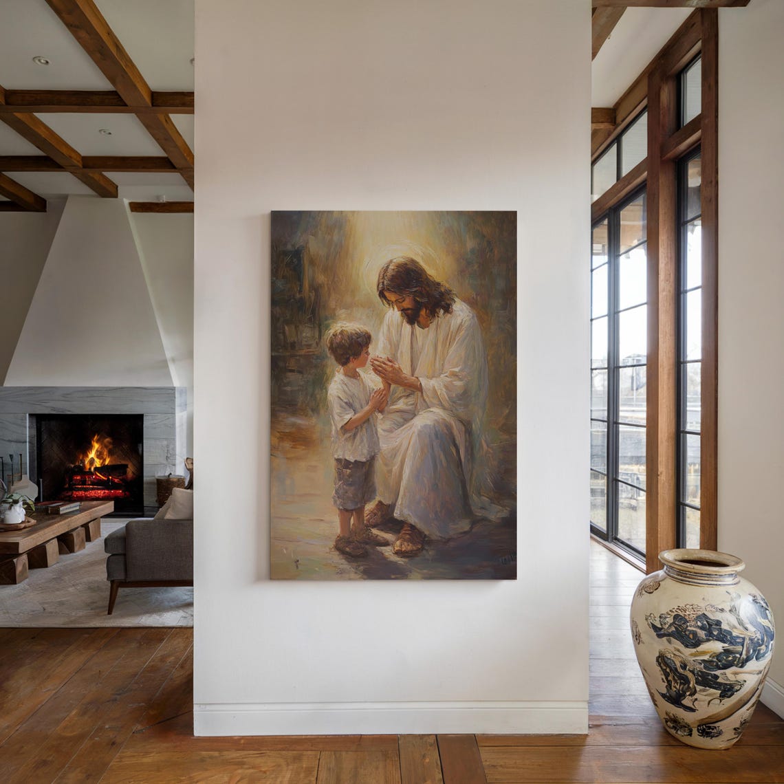 Jesus Kneeling With Child Prayer Halo Christian Faith Poster - Image 3