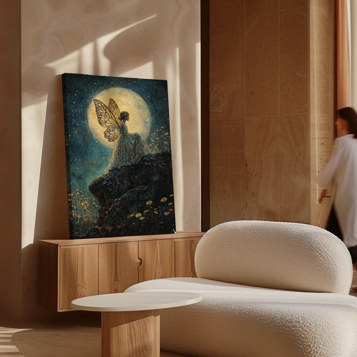 Enchanting Fairy With Golden Wings Under Full Moon Night Fantasy Wall Poster - Image 4