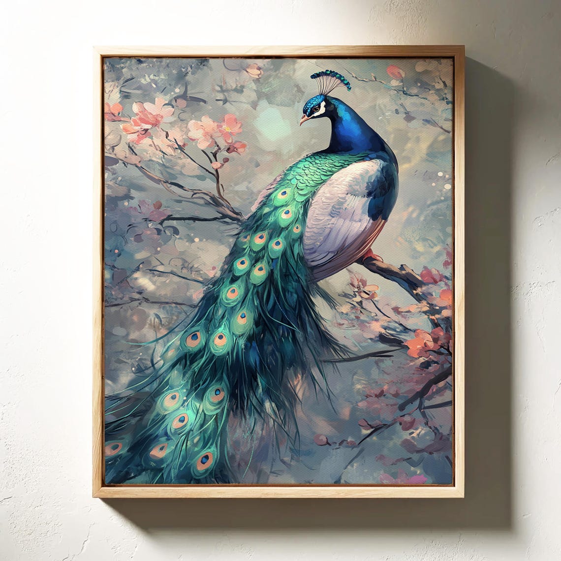 Graceful Peacock Cherry Blossoms Elegant Painterly Bird Poster