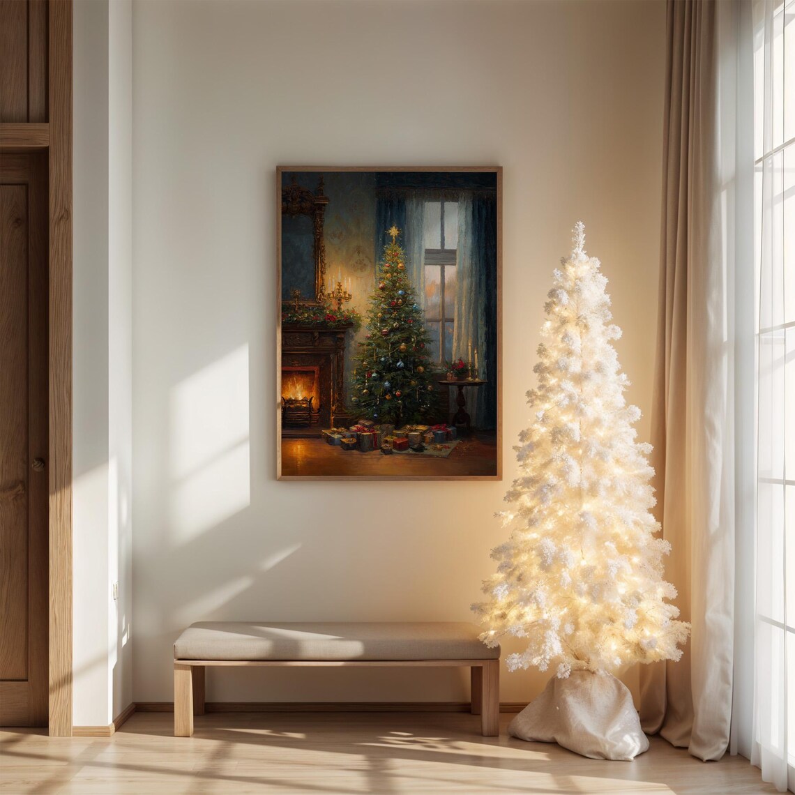 Victorian Christmas Tree By Fireplace Art Print