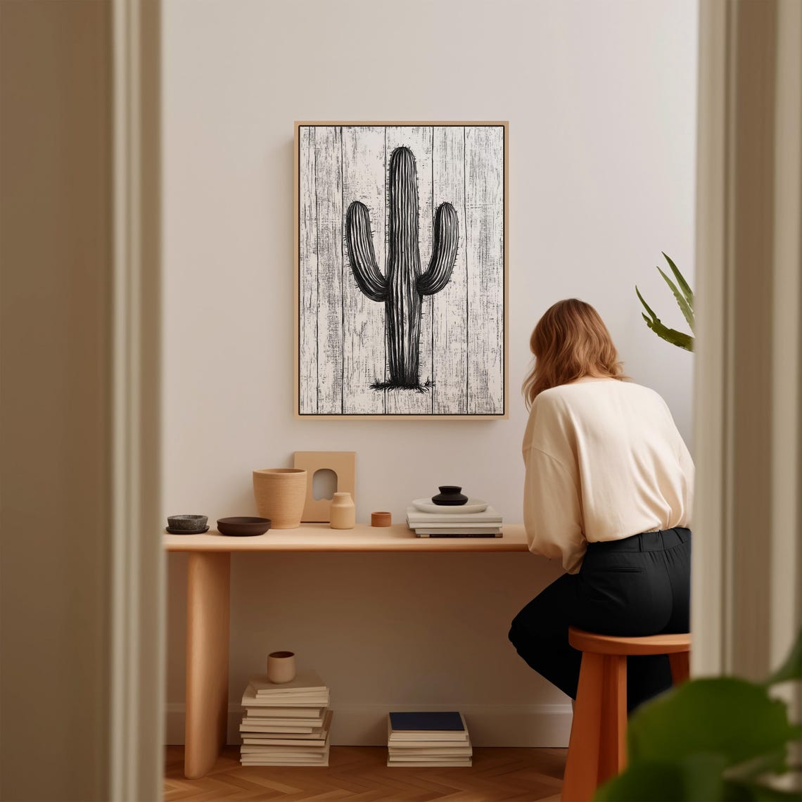 Minimalist Black and White Saguaro Cactus Sketch on Wood Print - Image 2
